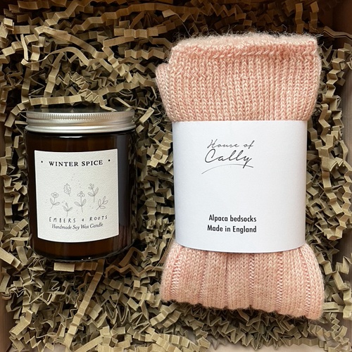 Dusty pink alpaca socks and winter spice candle gift set