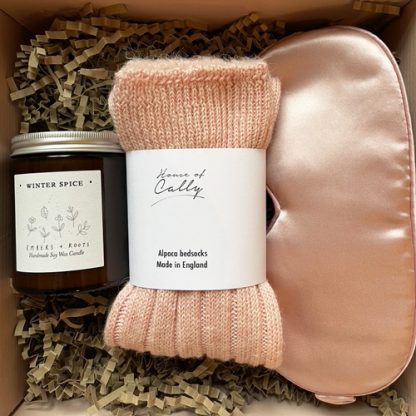 Dusty pink candle, eye mask and socks gift sets from House of Cally