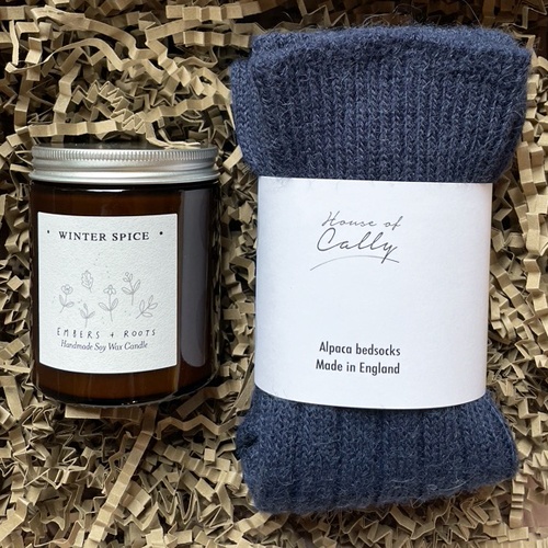 Navy blue alpaca socks and winter spice candle gift set
