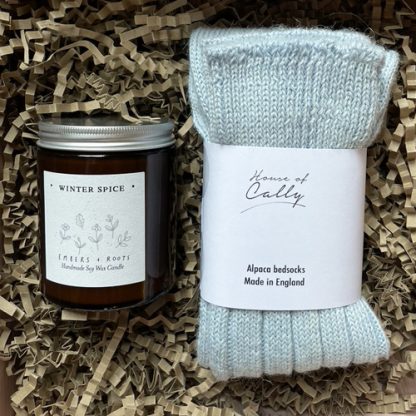 Soft blue alpaca socks and winter spice candle gift set