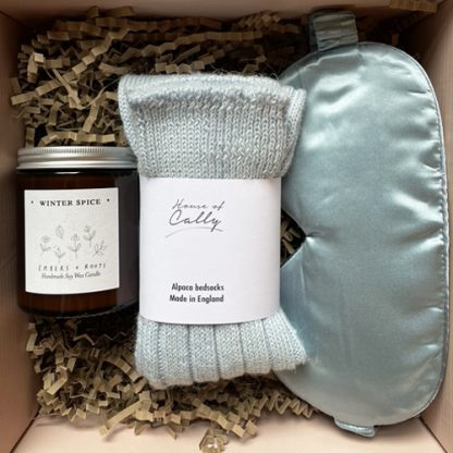 Soft blue candle, eye mask and socks gift sets from House of Cally