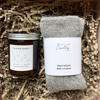 Soft grey alpaca socks and winter spice candle gift set