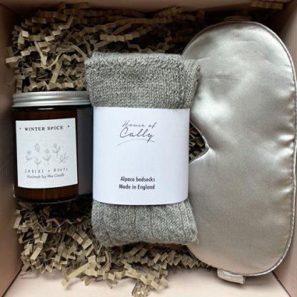Soft grey candle, eye mask and socks gift sets from House of Cally